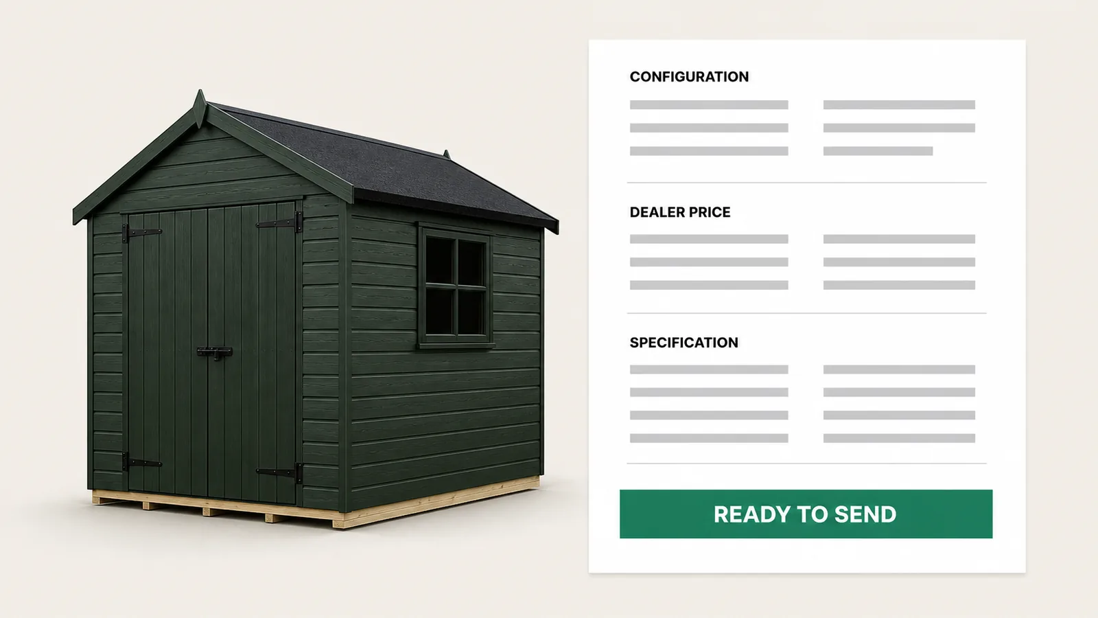 A configured shed shown beside the priced dealer quote produced from its 3D product visual.