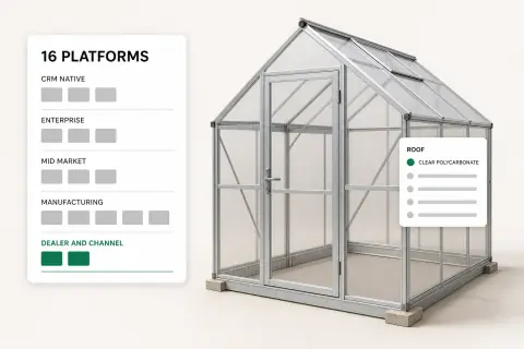 CPQ platform tiles sorted onto five labeled shelves beside a configured steel frame greenhouse, the field the best CPQ software comparison covers