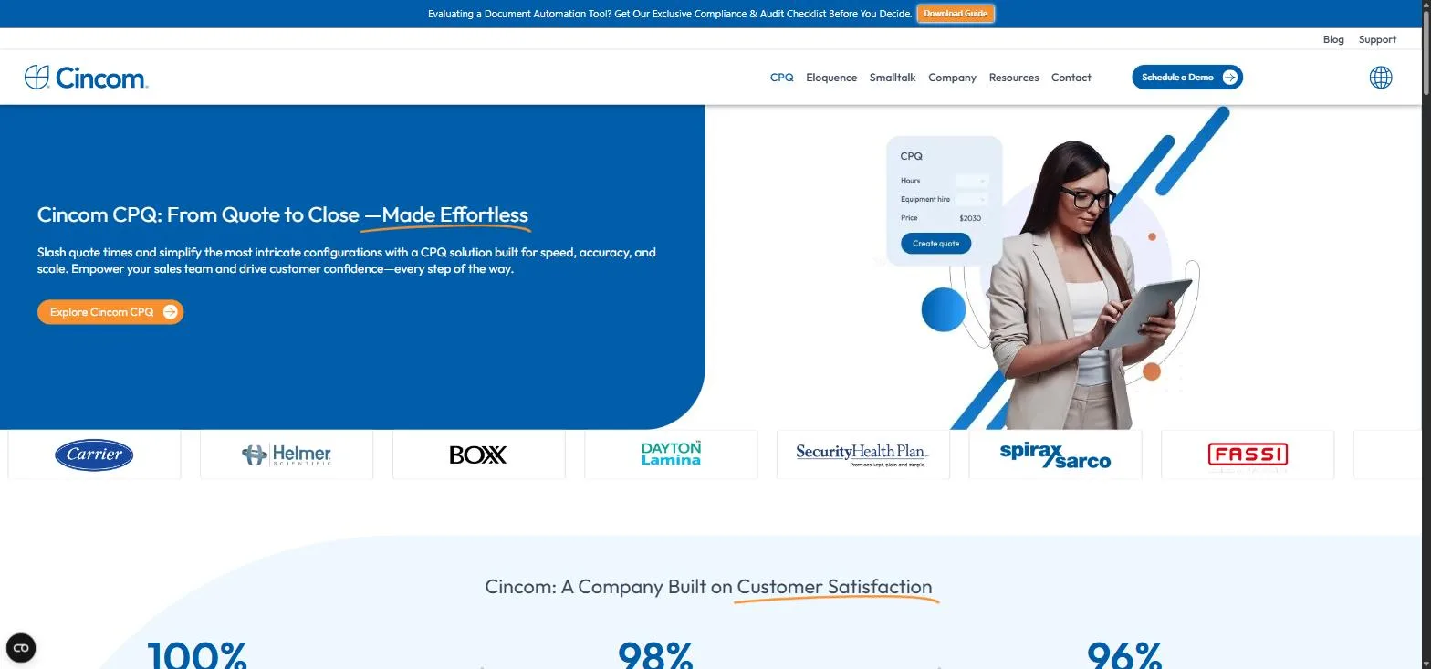 The Cincom homepage, a quote to close hero with a small CPQ quoting widget and customer logos below