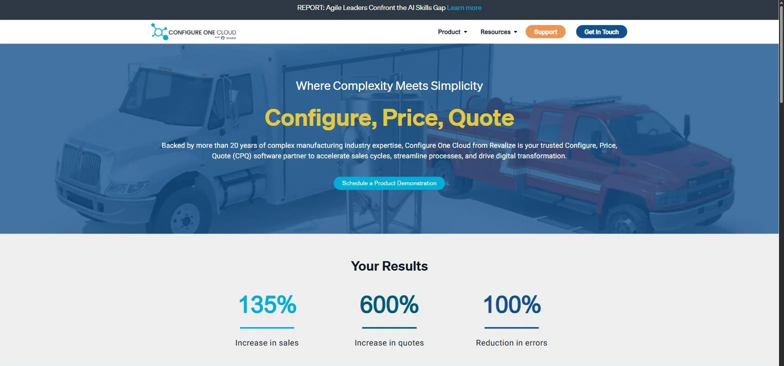 The Configure One Cloud homepage, a Configure, Price, Quote hero over a utility truck and a fire engine, with a results row below