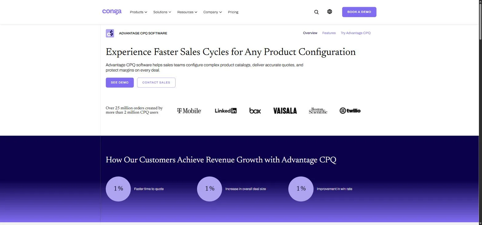 The Conga CPQ page, a faster sales cycles headline over customer logos including T-Mobile and LinkedIn