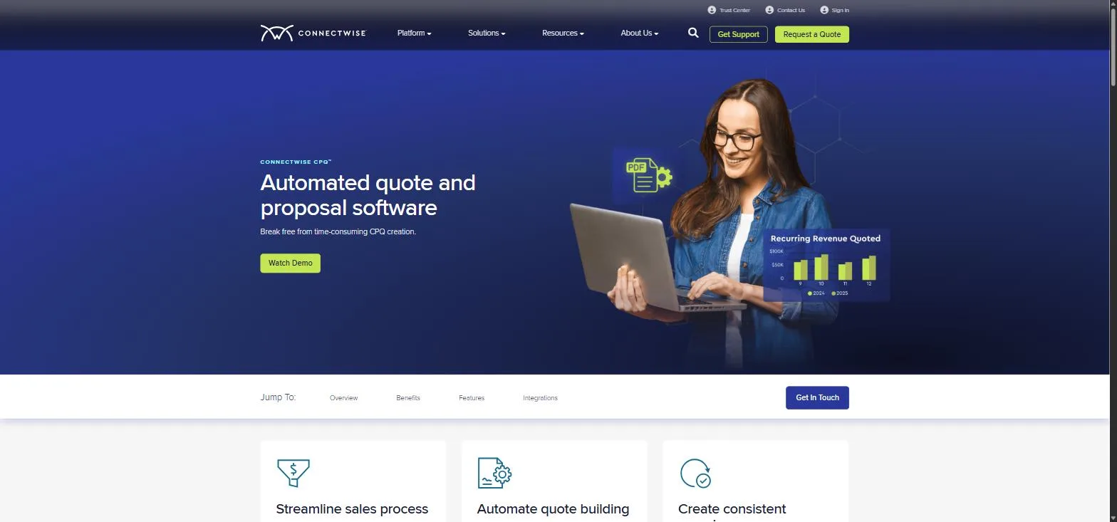 The ConnectWise CPQ page, an automated quote and proposal software hero with a recurring revenue chart