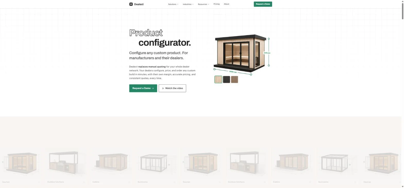 The Dealect homepage, the product configurator hero with a garden room being configured and a product category strip below