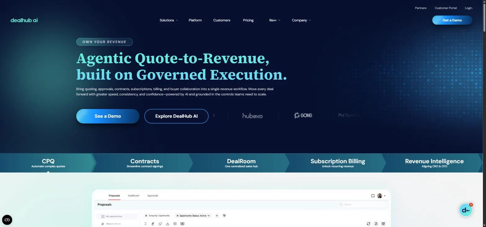 The DealHub homepage, an agentic quote-to-revenue hero over a product strip of CPQ, contracts, DealRoom, and billing