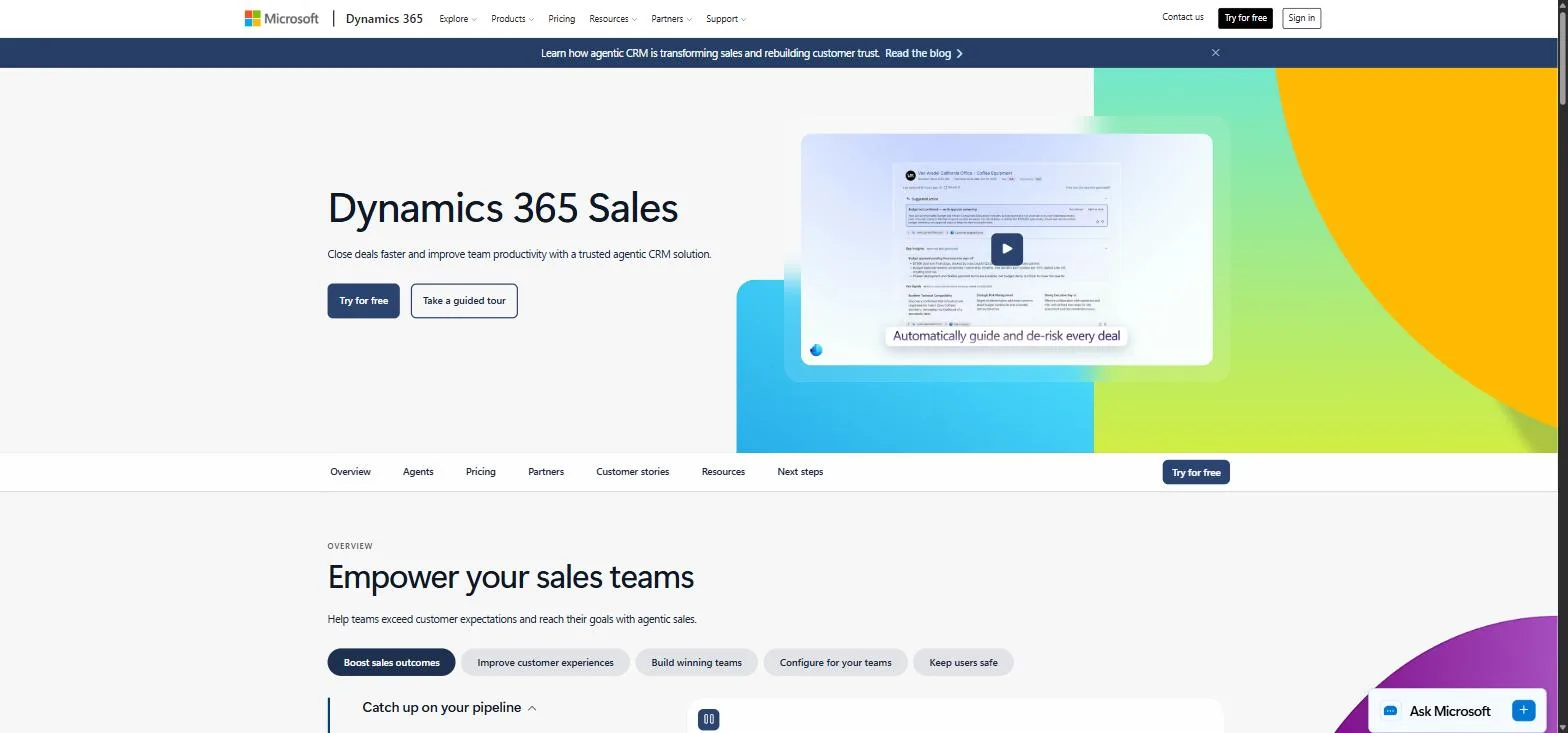 The Microsoft Dynamics 365 Sales page, the hero naming it an agentic CRM with a guided tour and free trial