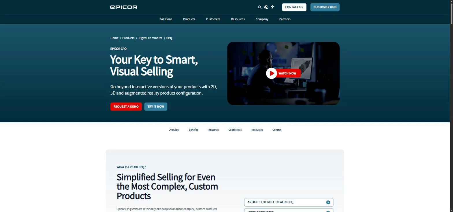 The Epicor CPQ page, a visual selling hero promising 2D, 3D and augmented reality product configuration