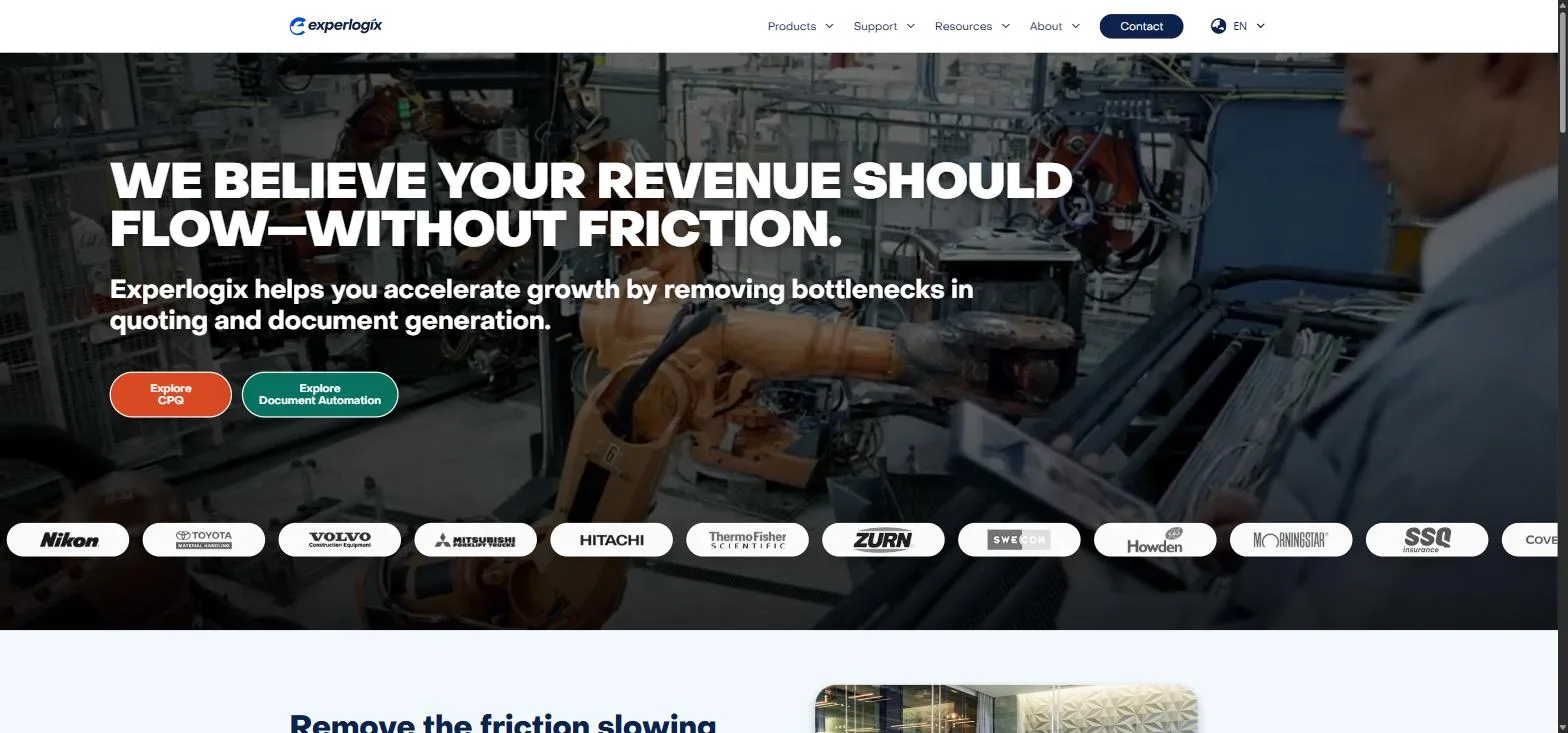 The Experlogix homepage, a factory floor hero with Explore CPQ and Explore Document Automation buttons and customer logos