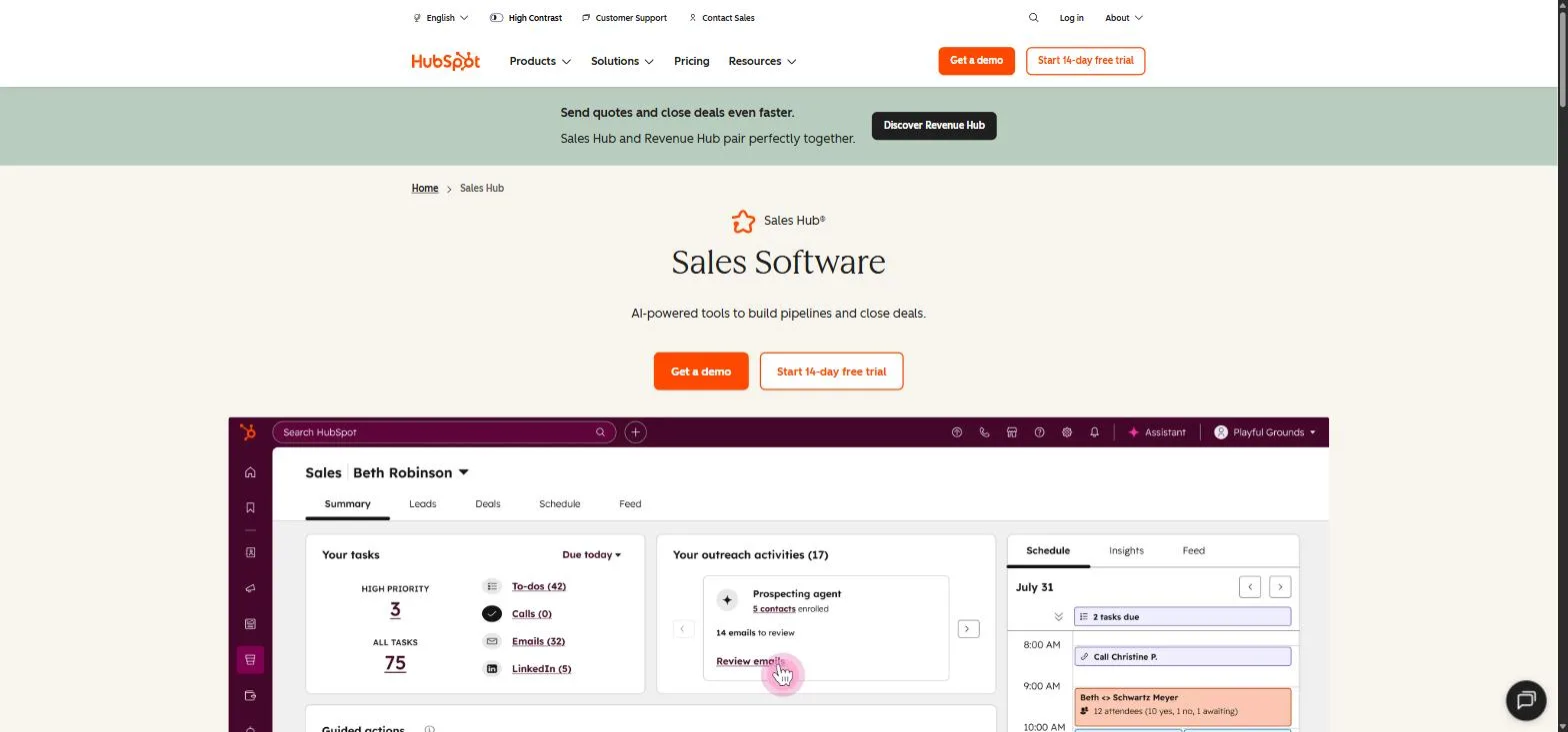 The HubSpot Sales Hub page, the sales workspace below the hero showing tasks, outreach activity, and a day's schedule