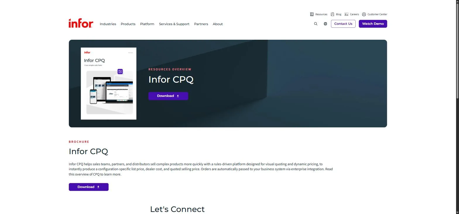 The Infor CPQ overview page, a brochure hero with a download button; the closest thing Infor keeps to a CPQ product page