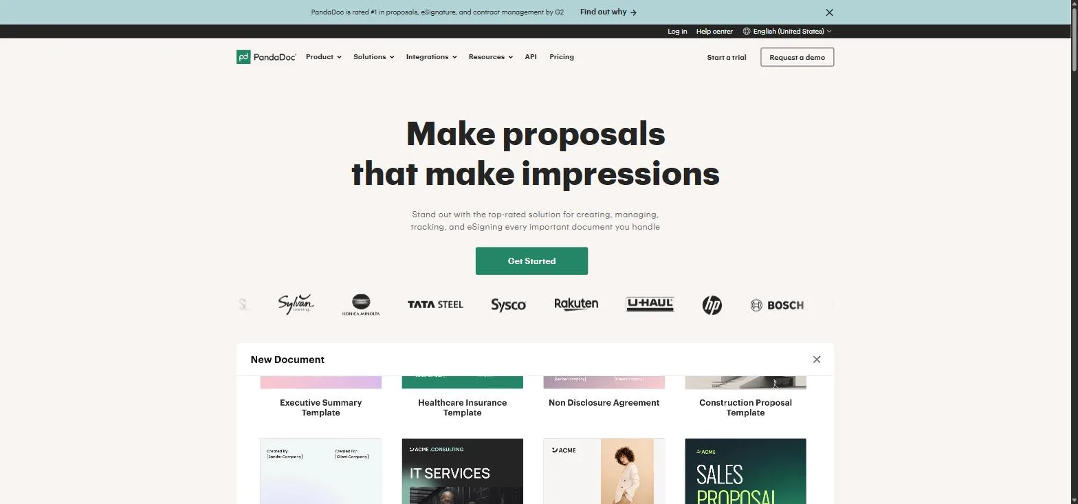 The PandaDoc homepage, a proposals hero over a gallery of quote and proposal templates