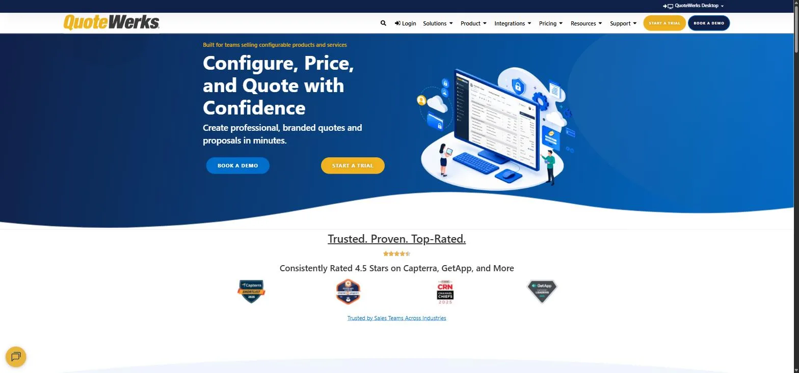 The QuoteWerks homepage, a configure, price, and quote hero with an illustrated quoting screen and review badges below