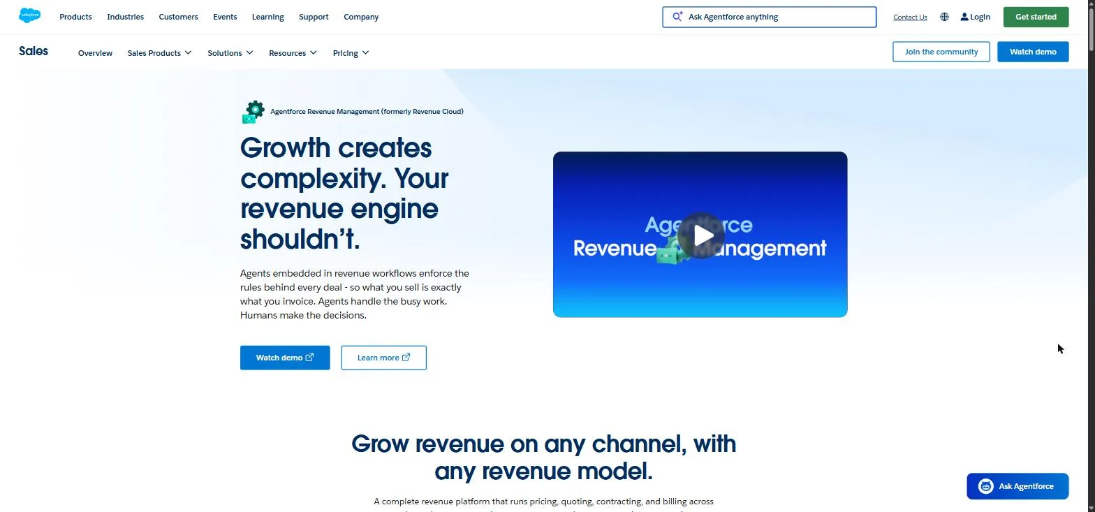 The Salesforce Revenue Cloud page, an Agentforce Revenue Management hero with a demo video beside it