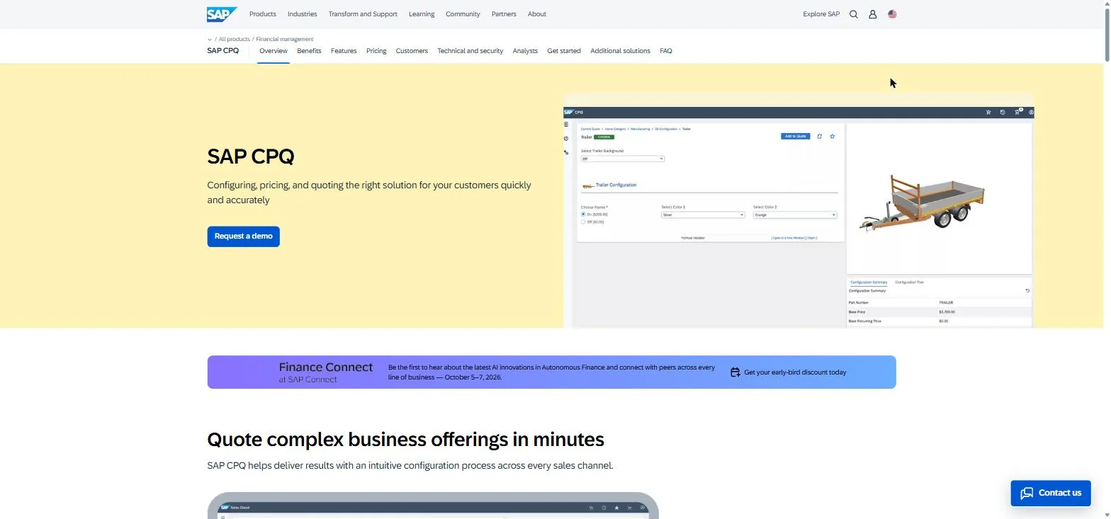 The SAP CPQ page, its hero showing a flatbed trailer configured with frame and color options and a running price summary
