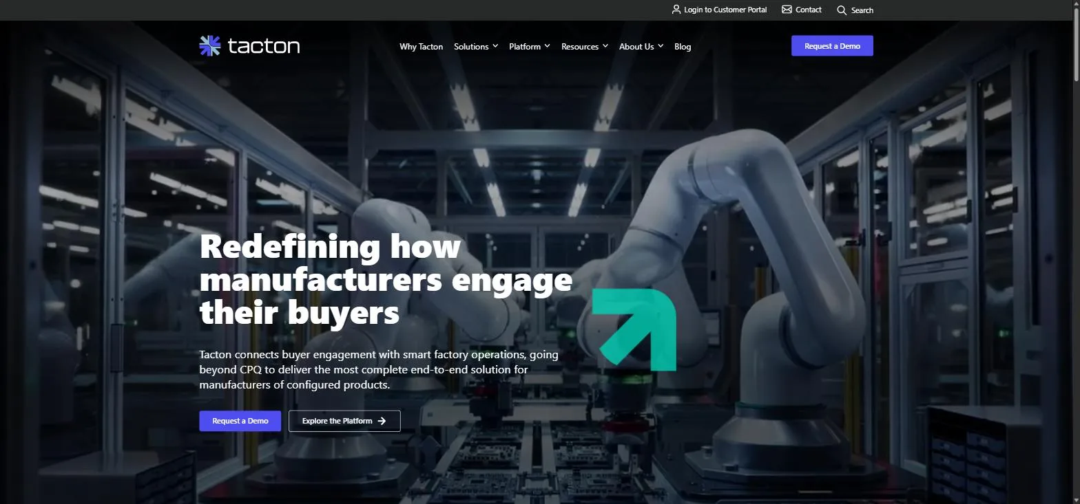 The Tacton homepage, an industrial robot arm behind a headline about how manufacturers engage their buyers