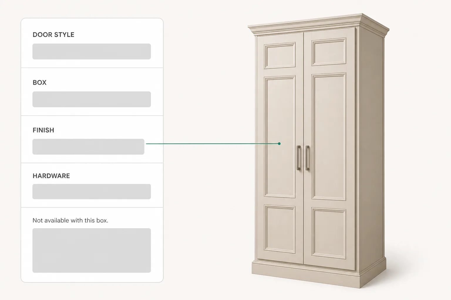 A cabinet configurator pricing a raised panel pantry cabinet, one finish greyed out because the box cannot take it.