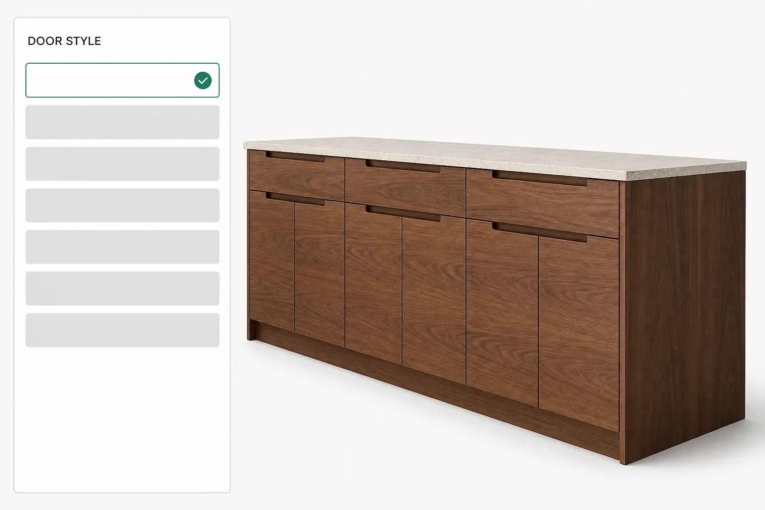 A slab door base cabinet run being configured, door style first, then box and finish in the order the shop asks.