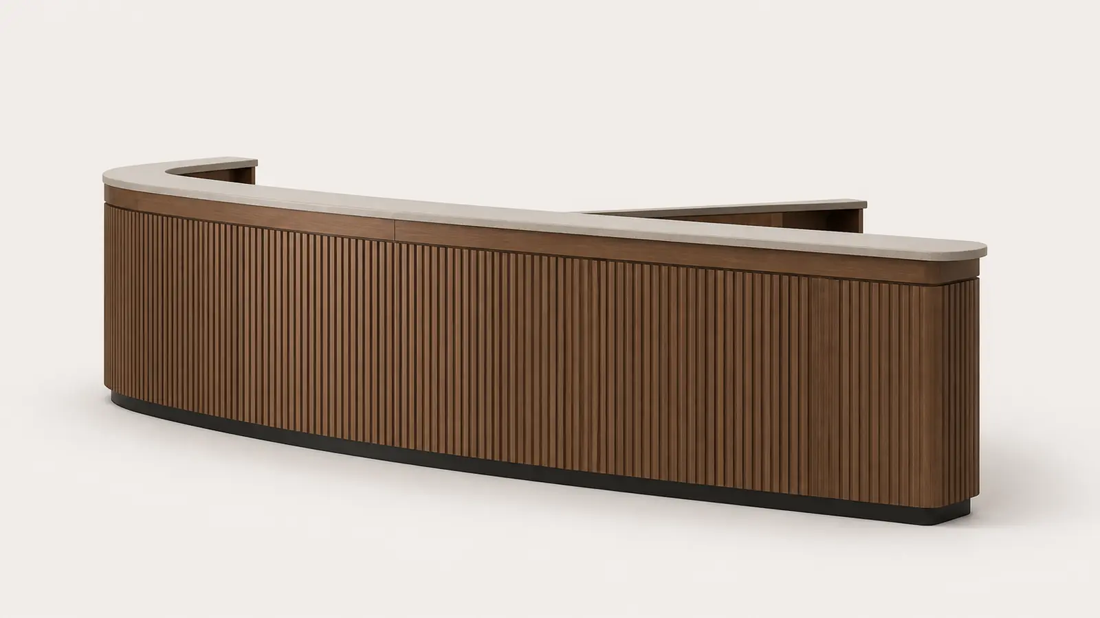 Curved walnut reception desk configured in a browser embed, with its width and quote status beside it.
