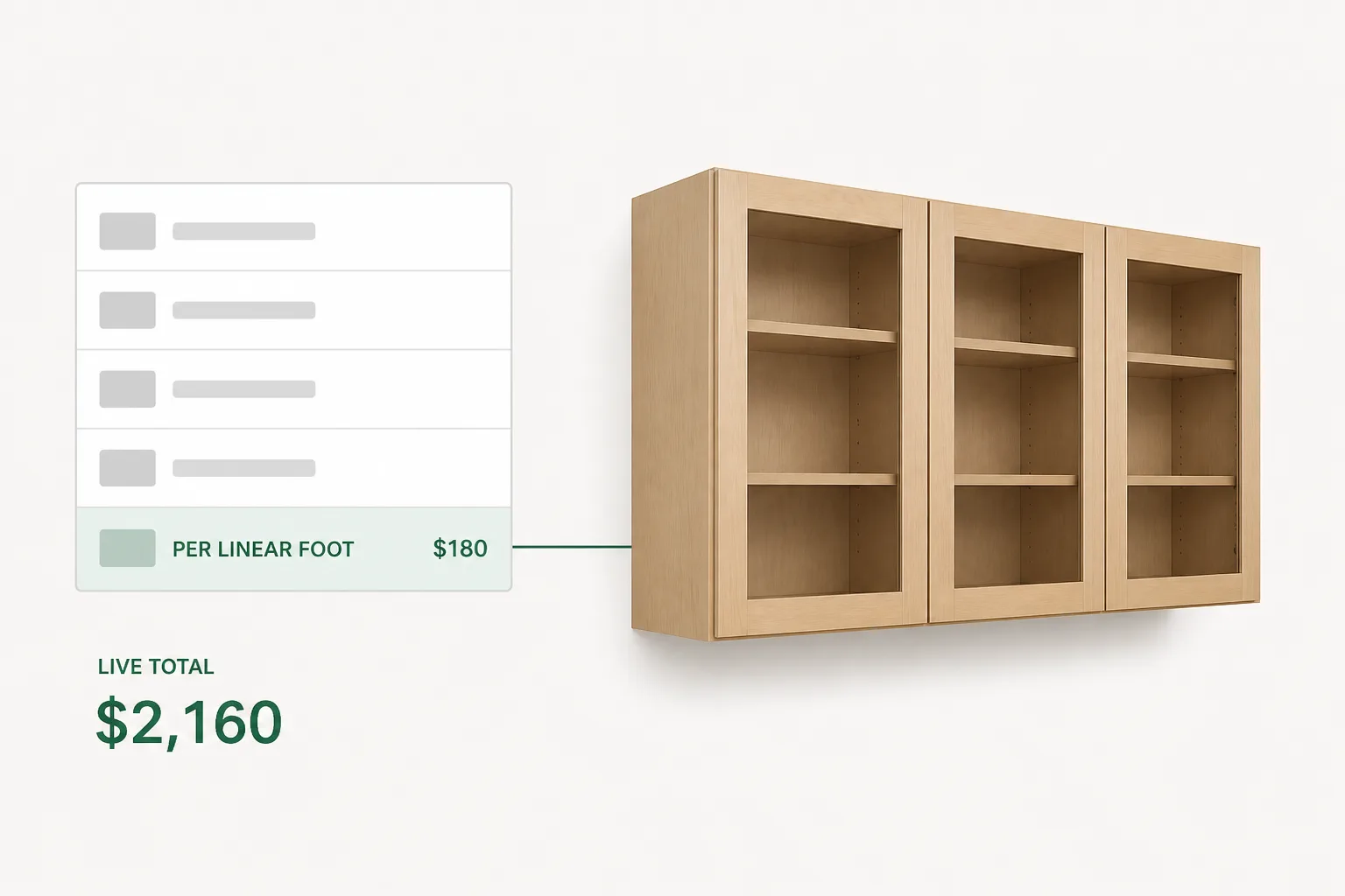 Live pricing on a wall cabinet run, the material and labor rolled into one per linear foot line as the box changes.