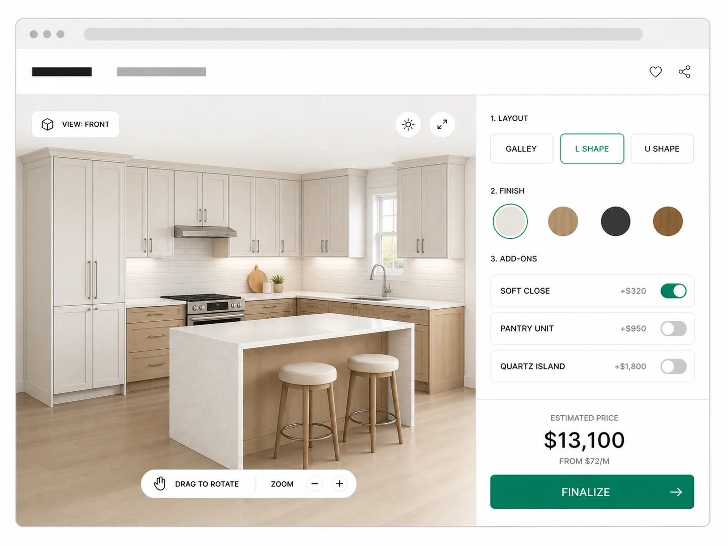 Cabinet estimating software pricing a white shaker kitchen, a card naming the door style, finish, and hardware picked.