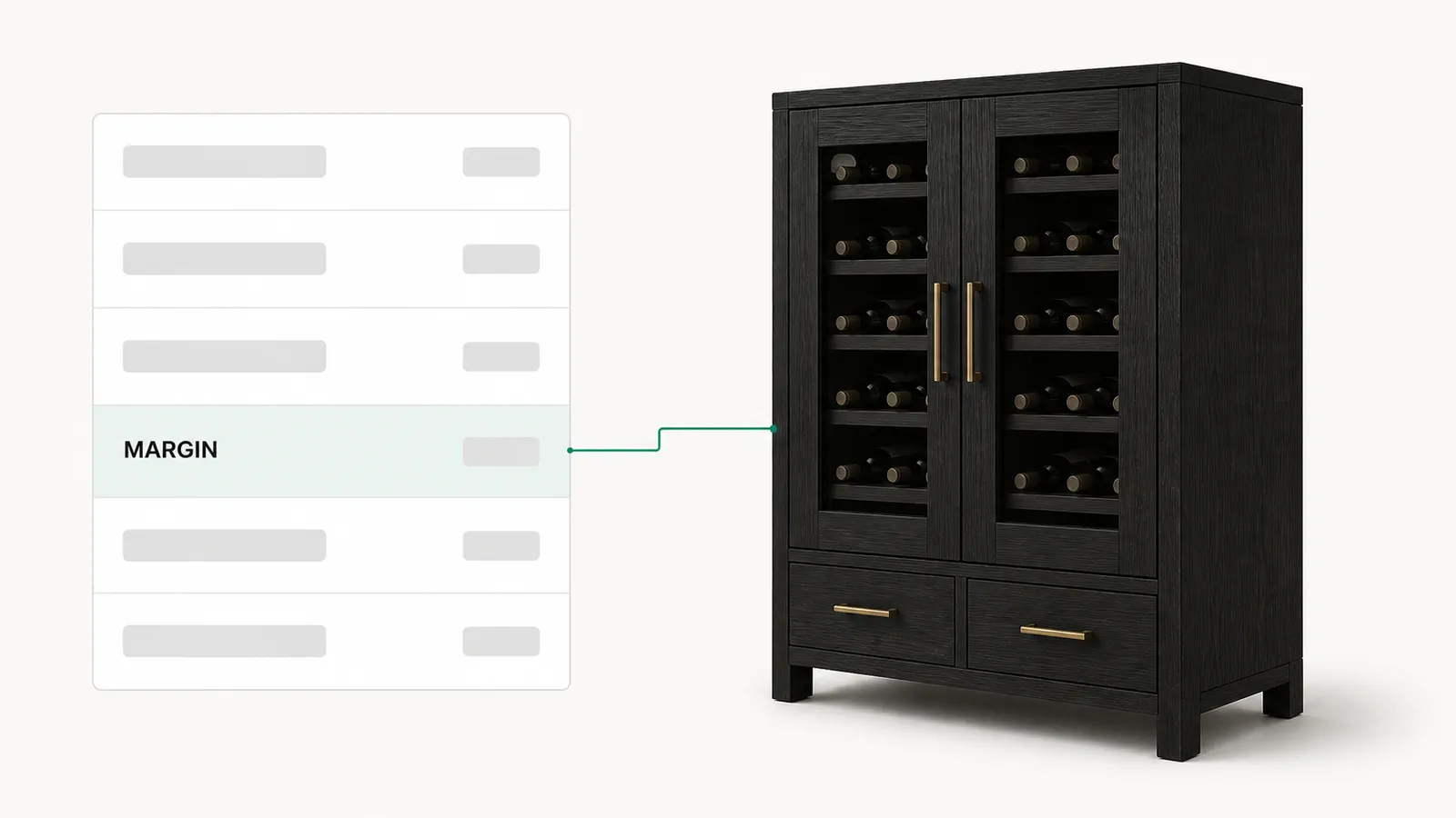 Margin held on a wine cabinet quote, the markup, overhead, and profit applied by rule on every line.