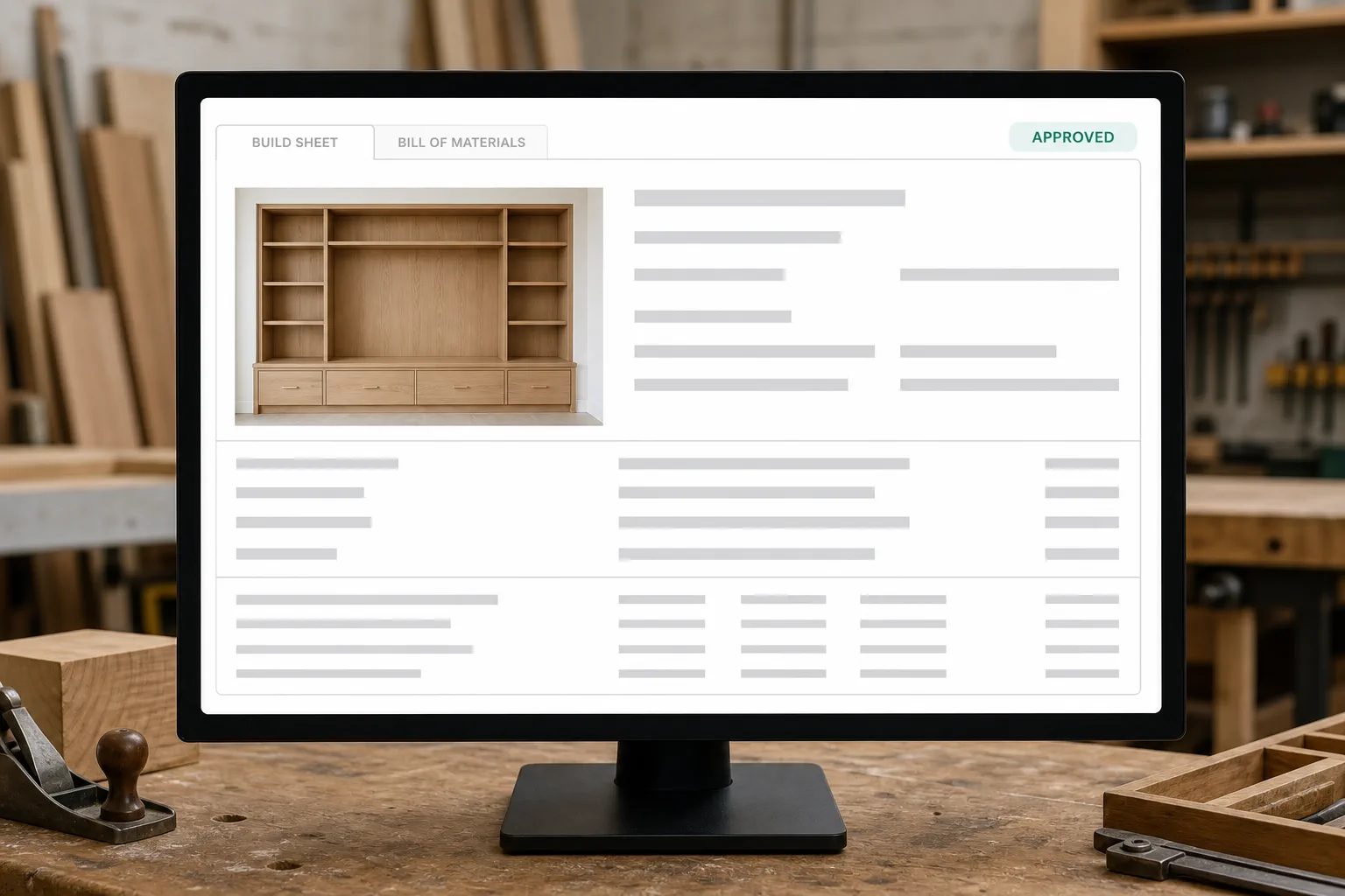 An approved media wall on a shop monitor, its build sheet and bill of materials carried over from the configuration.