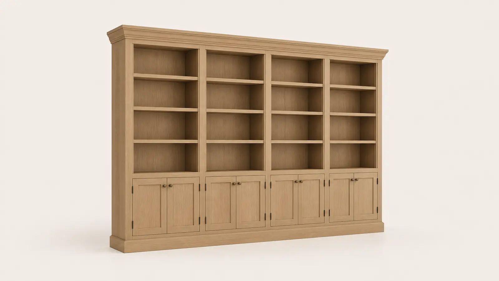White oak library built in with lower cabinets and open shelves in the 3D configurator viewport