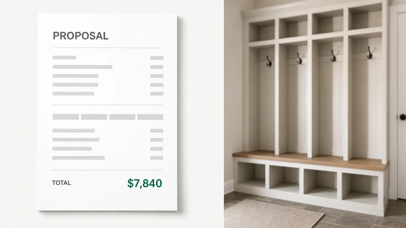 Estimates and proposals off one build for a mudroom locker run, the branded proposal generated the hour the buyer asks.