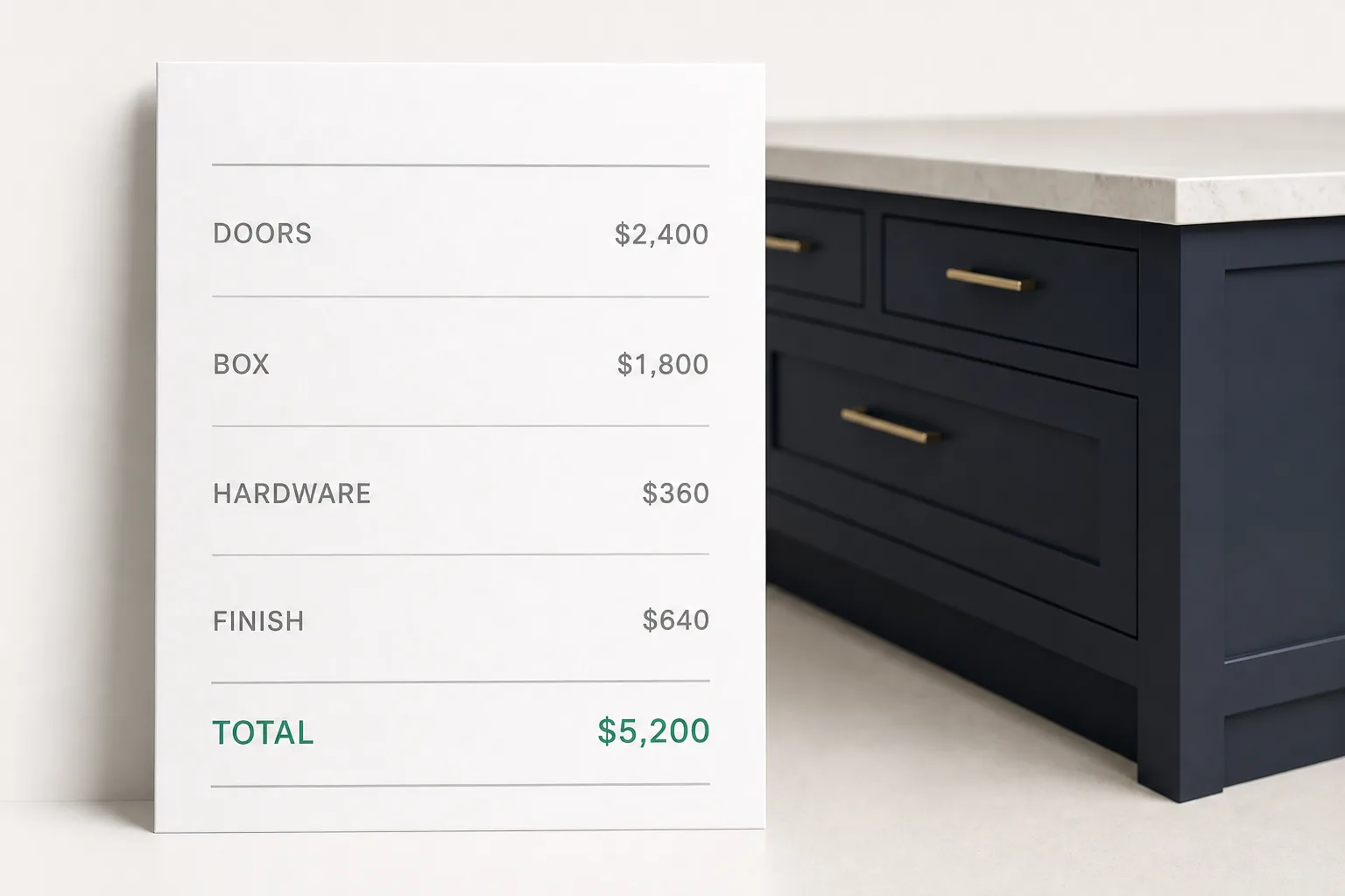 A proposal for a configured kitchen island, its line items and total carried straight from the build with nothing retyped.