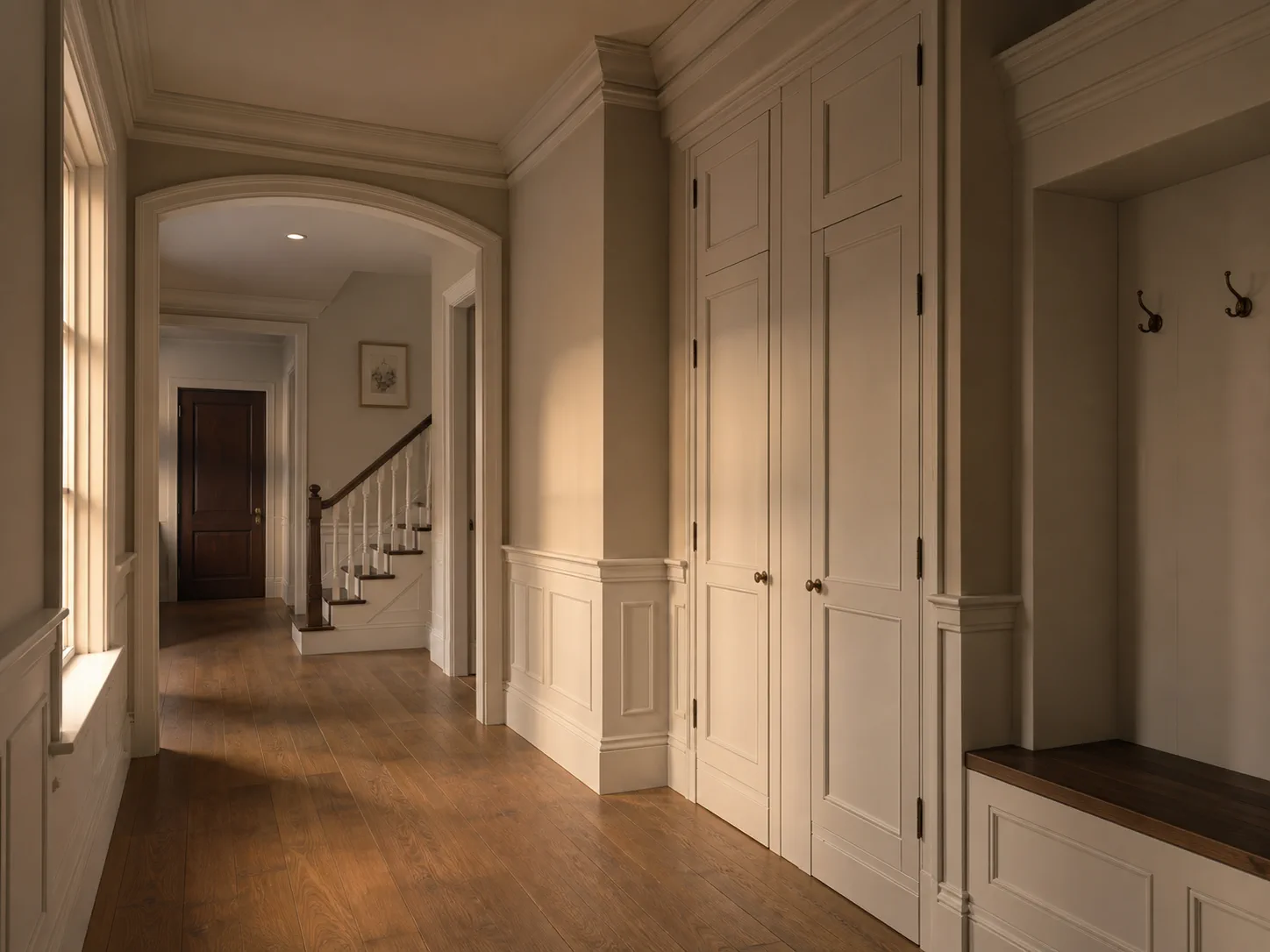 Painted crown molding and casework along a hallway, the millwork package a cabinet shop prices on the same rules as cabinets.