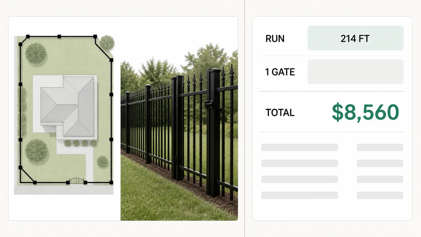 A customer's 3D configurator for a black ornamental aluminum fence, beside the pre-qualified lead it produces.