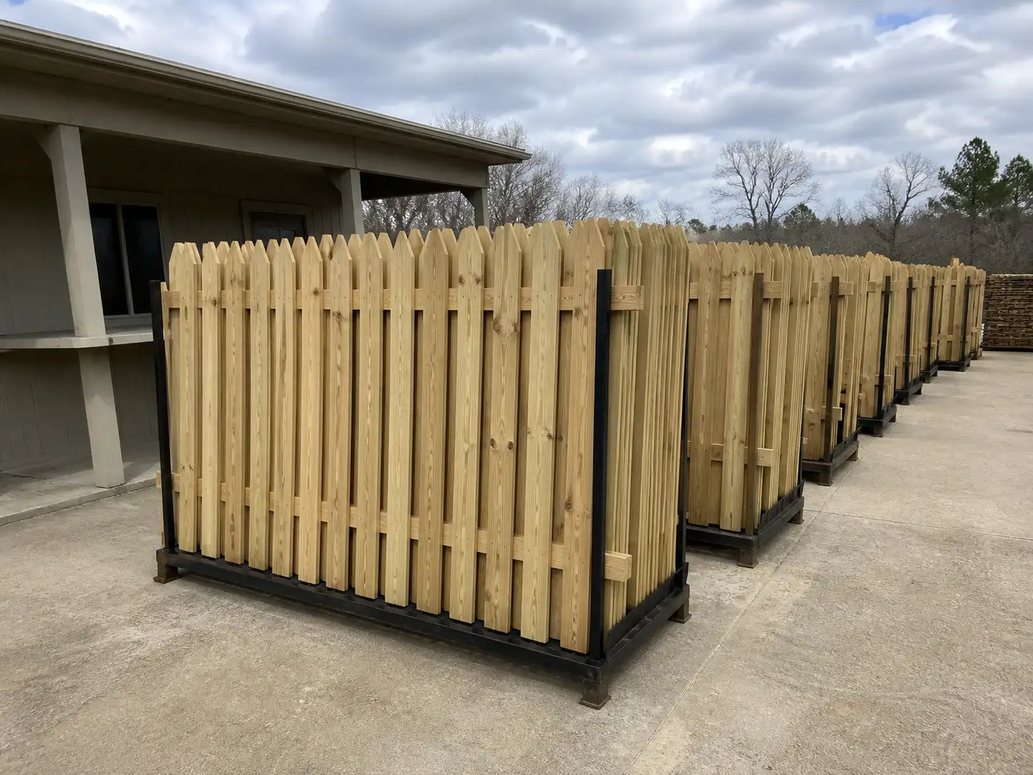 A fence dealer's yard with racked prehung fence panels beside the sales counter where drawn runs get quoted.