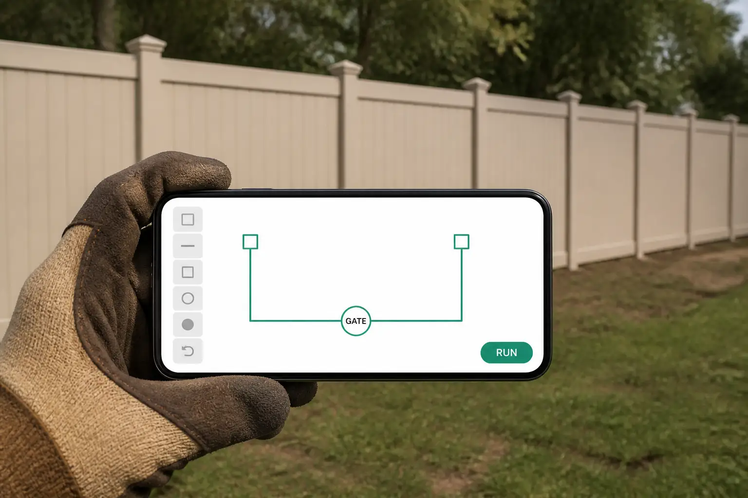 A fence run being drawn on a phone at the site walk, with the tan PVC privacy fence it will become behind it.