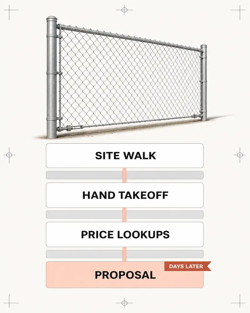 The evening quote path: a chain link fence measured on site, counted by hand, priced off a stale sheet, quoted days later.