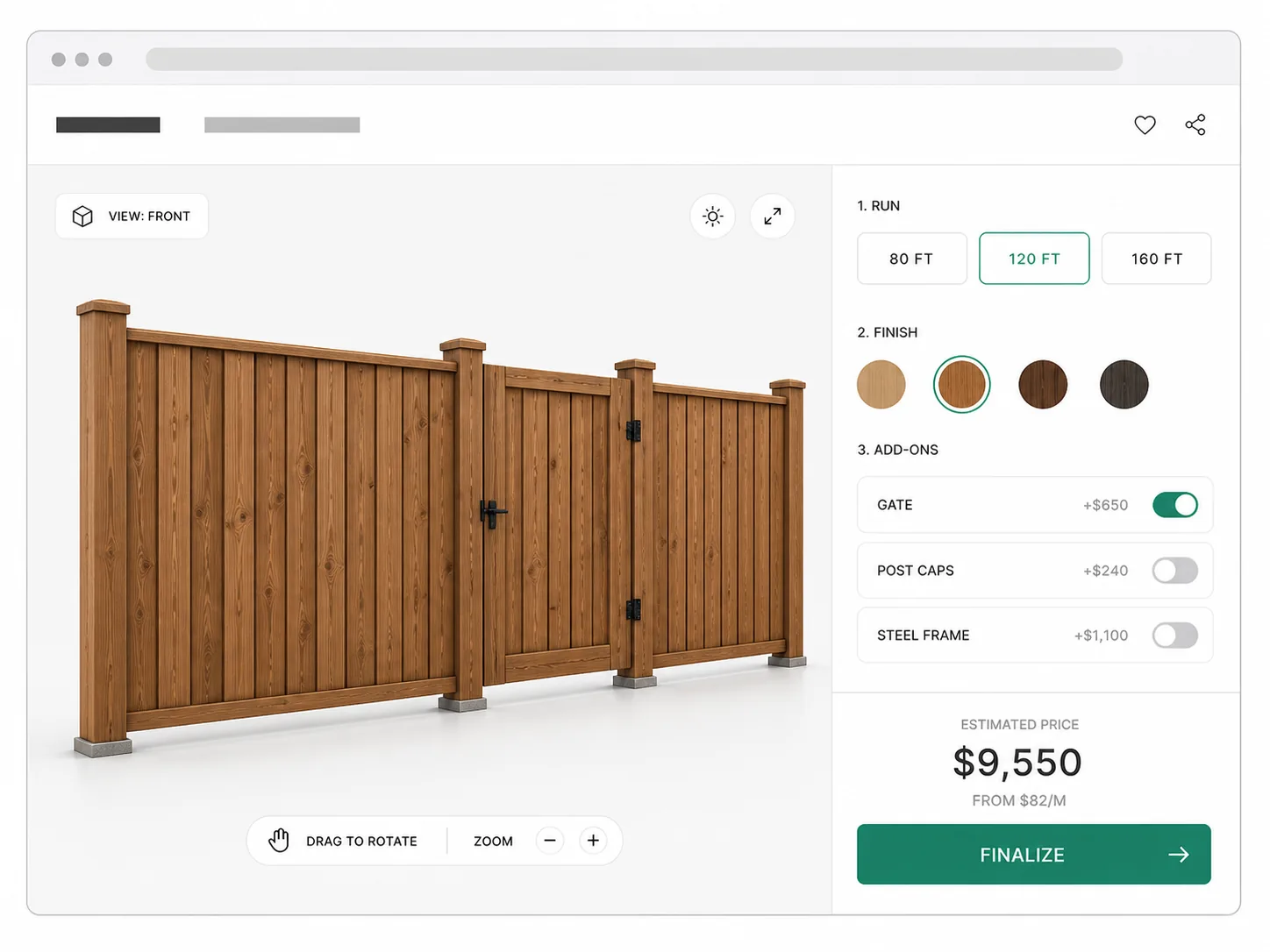 Fence estimating software pricing a 6 ft board-on-board cedar privacy fence, with the run length, gate, and total on a card.