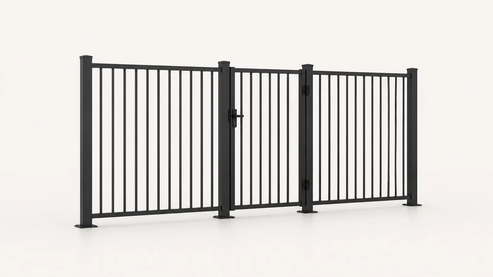 Black steel pool fence with a self closing gate in the 3D configurator viewport