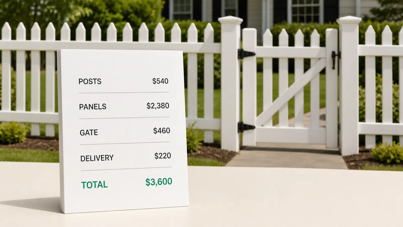 A branded fence proposal rendered as a physical sheet, its line items counted from a white vinyl picket fence configuration.