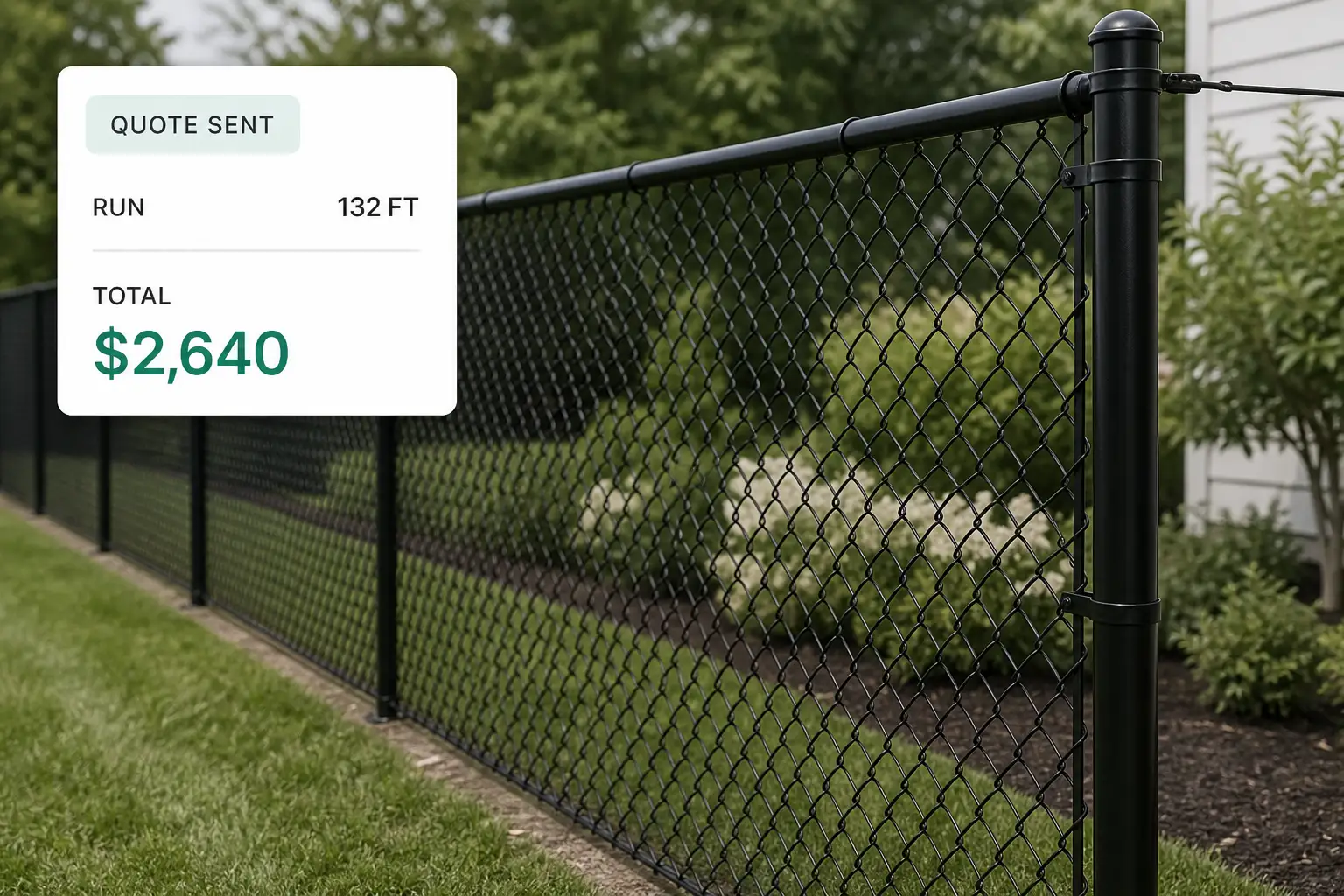 A quote sent the day of the site walk for a black chain link fence, its status card over the installed run.