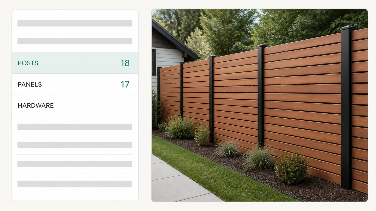 A takeoff counting the posts, panels, and hardware of a horizontal cedar slat fence as the line is drawn.