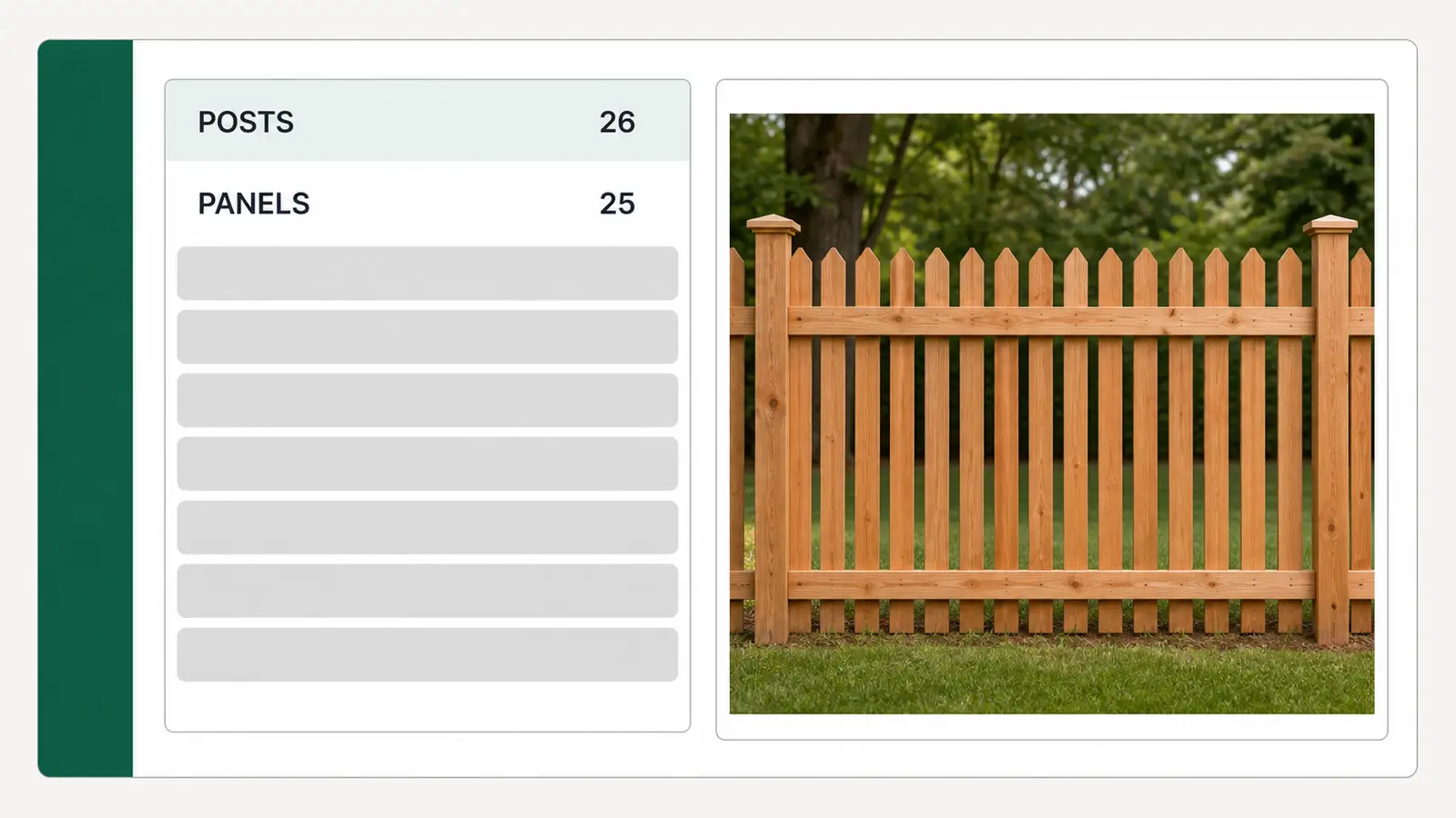 A material list computed from a drawn run, the posts and panels of a 4 ft wood picket fence counted and priced line by line.