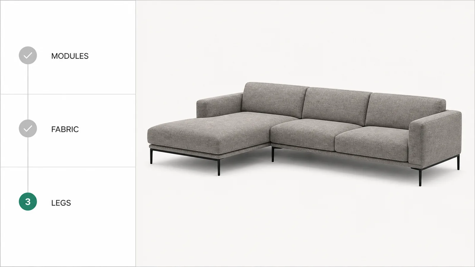 Furniture configurator software showing a sectional sofa as modules, fabric, and legs are selected.