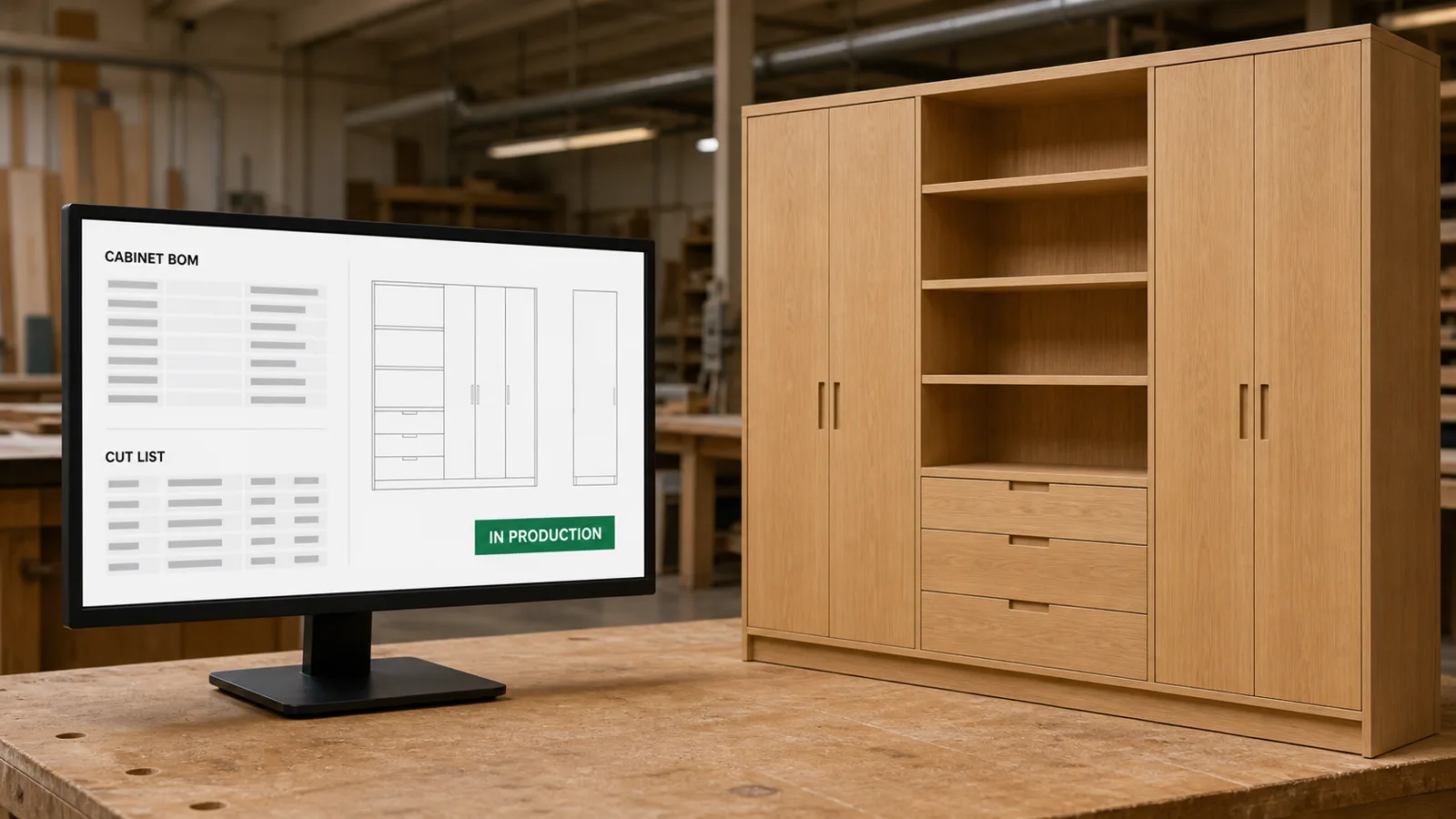Configured storage wall reaching production with its cabinet BOM and cut list complete.