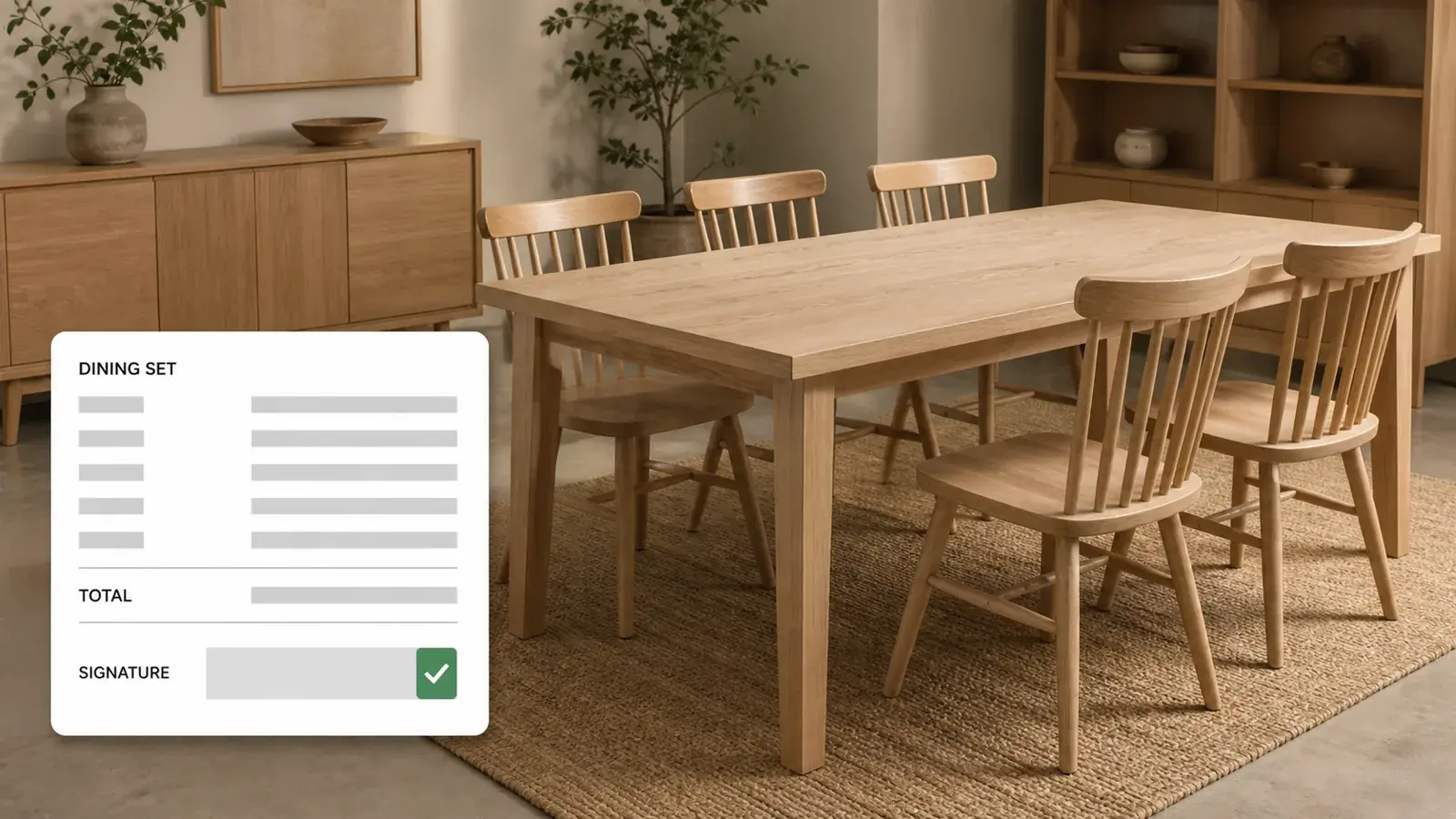 Quote document showing the same ash dining set the customer approved in the showroom.
