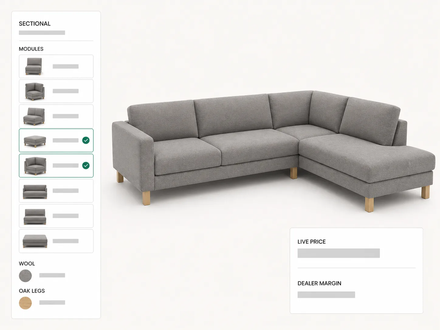 Sectional sofa mid configuration with modules, wool fabric, oak legs, and a live dealer price.