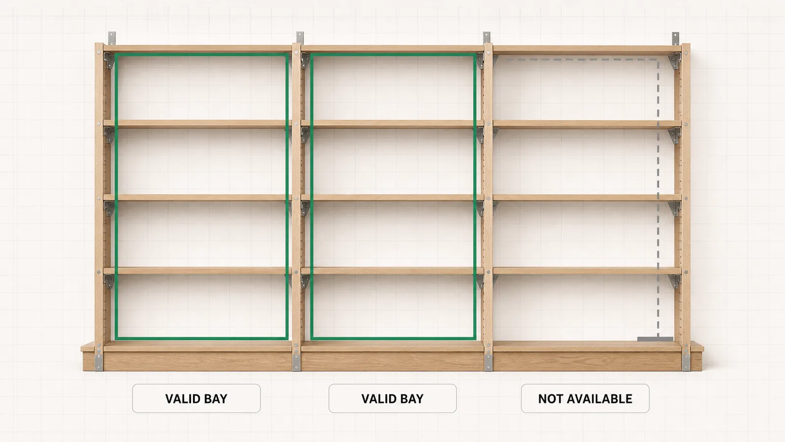 Modular oak shelving bays connecting only at valid fixing points.