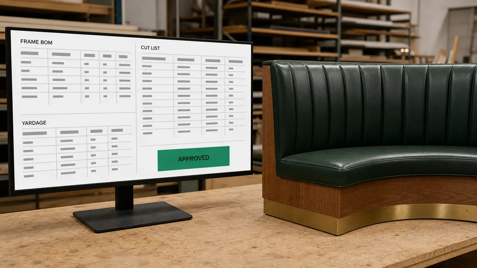 Restaurant banquette order reaching the shop with a frame BOM, cut list, and upholstery yardage.