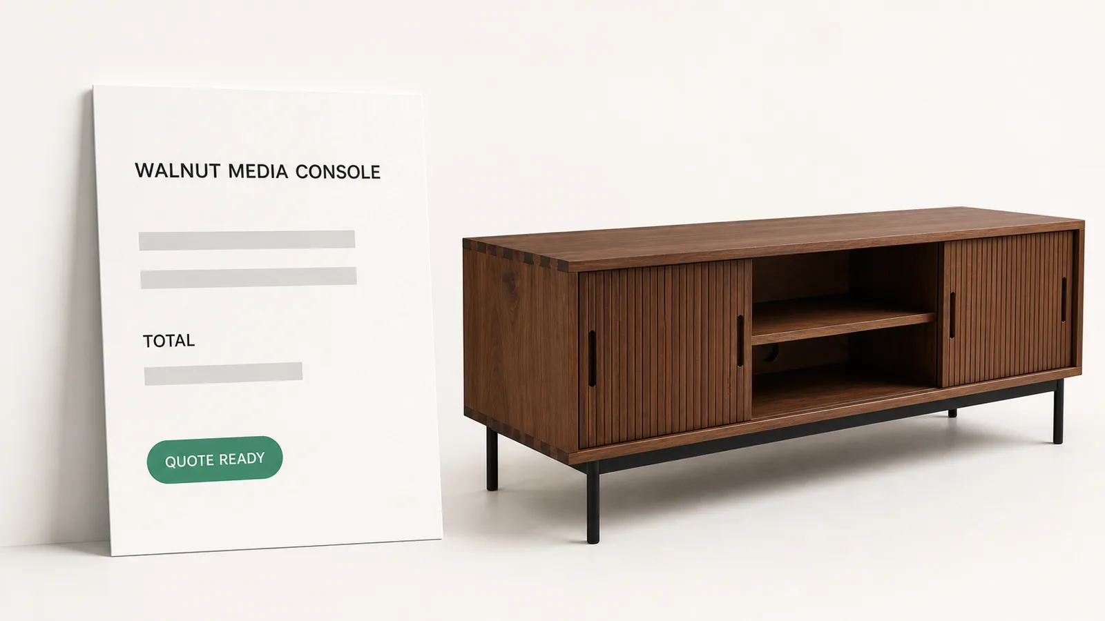Branded quote for a walnut media console with its selected finish and total.