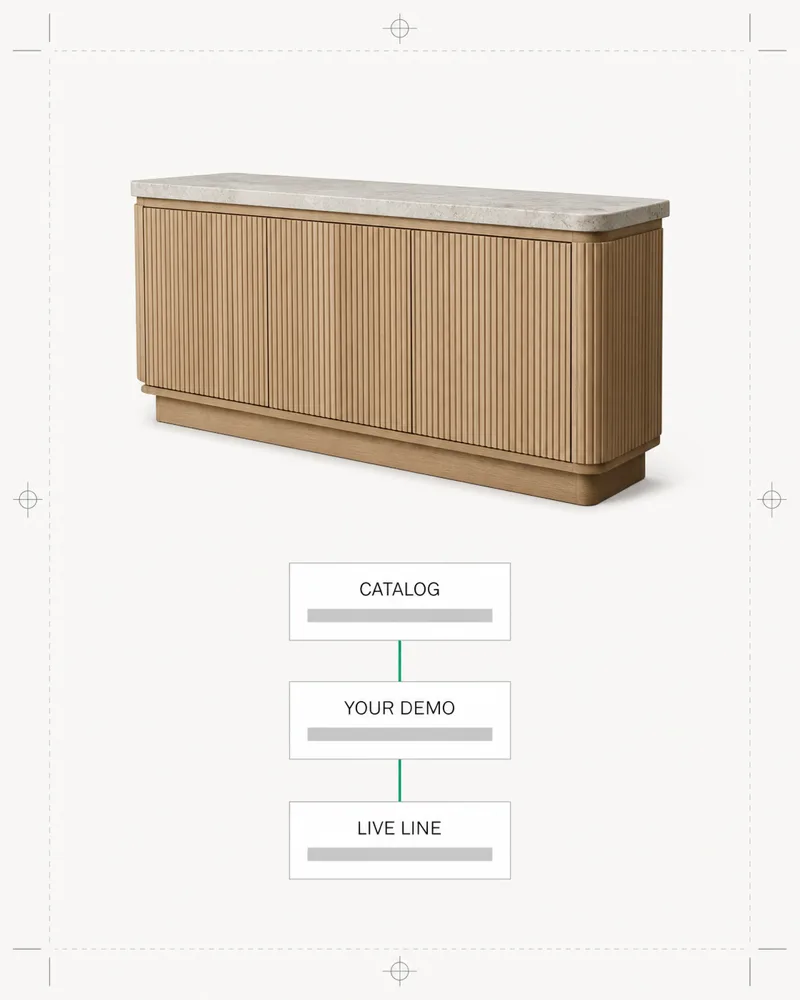 Showroom console moving through catalog mapping, live demo, and first product launch.