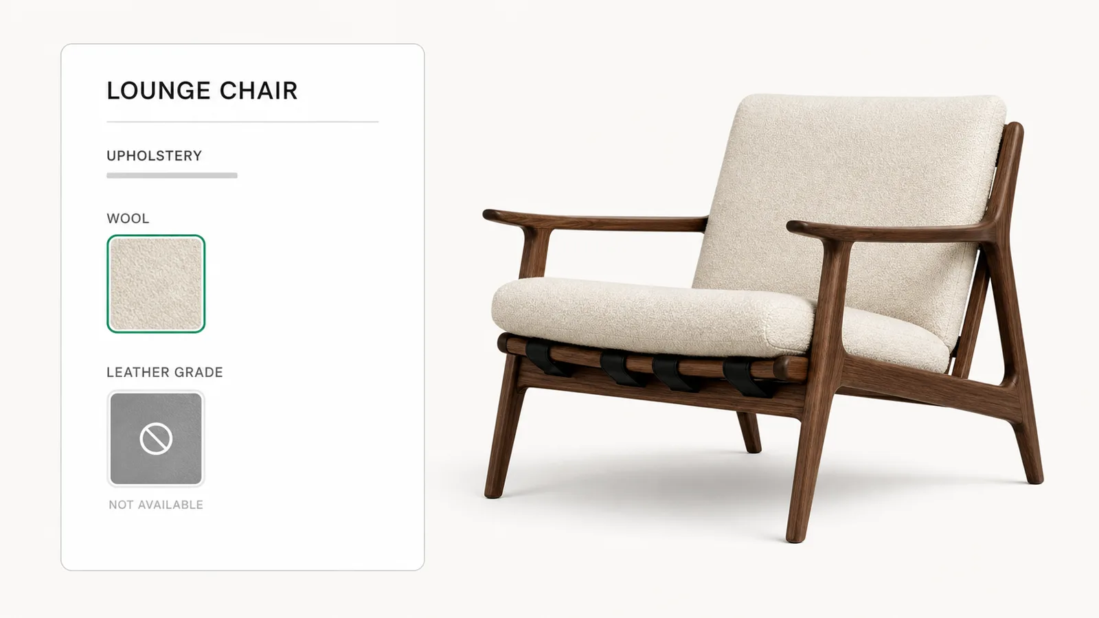 Lounge chair options with an incompatible leather grade blocked before quoting.