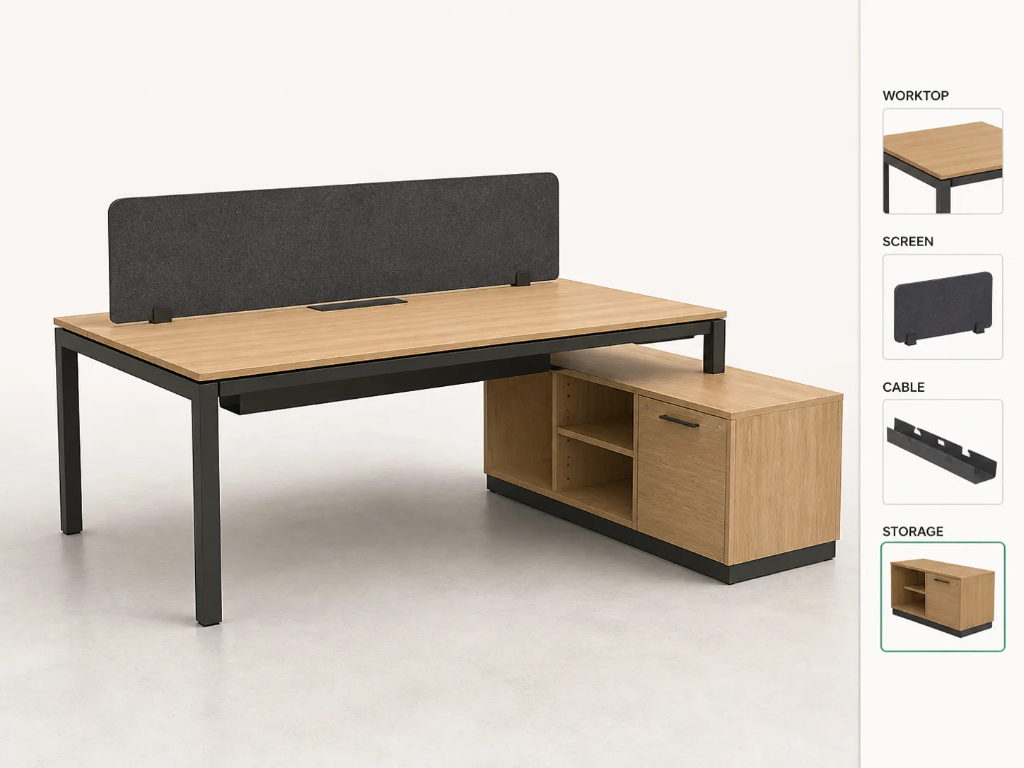 Office workstation family showing valid desk, screen, cable, and storage options in one catalog.
