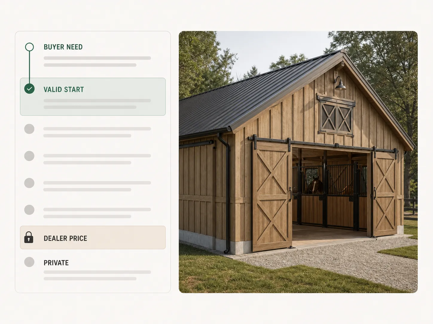 Dealer guided selling screen for a horse barn, showing the buyer's site answers narrowing the valid structure before dealer pricing begins.